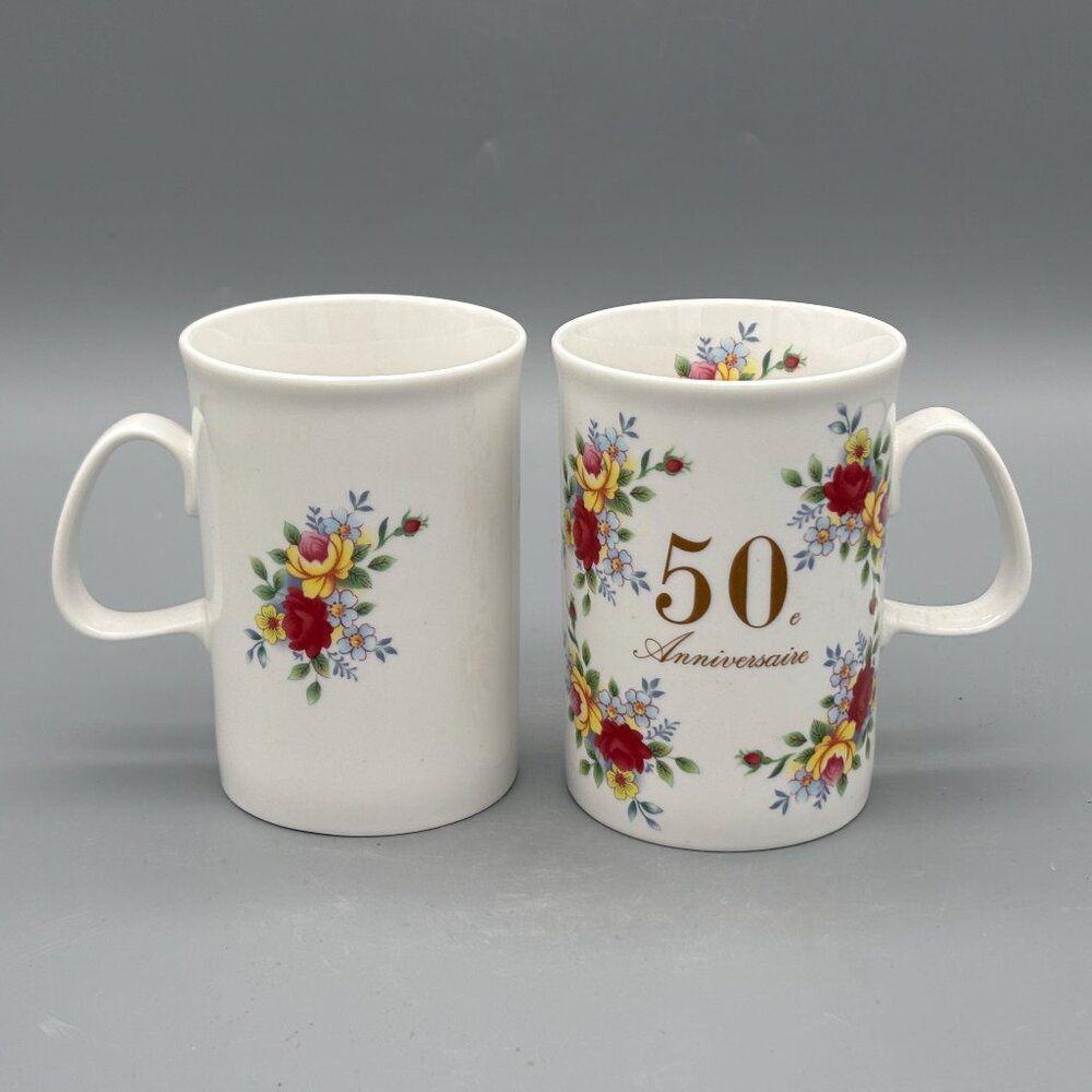 Vintage 50th Anniversaire Floral Porcelain Mug Set of 2 White Gold Script
